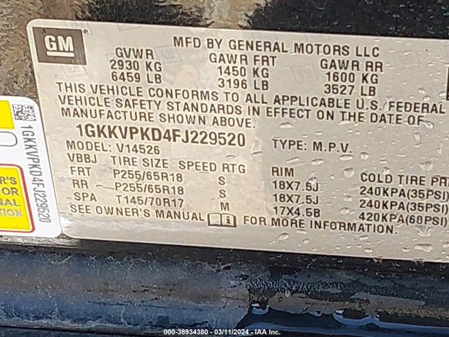 1GKKVPKD4FJ229520 GMC Acadia Sle-2
