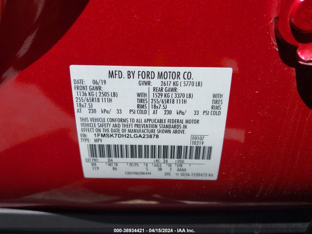 Ford EXPLORER XLT 2020 1FMSK7DH2LGA23878 Image 9