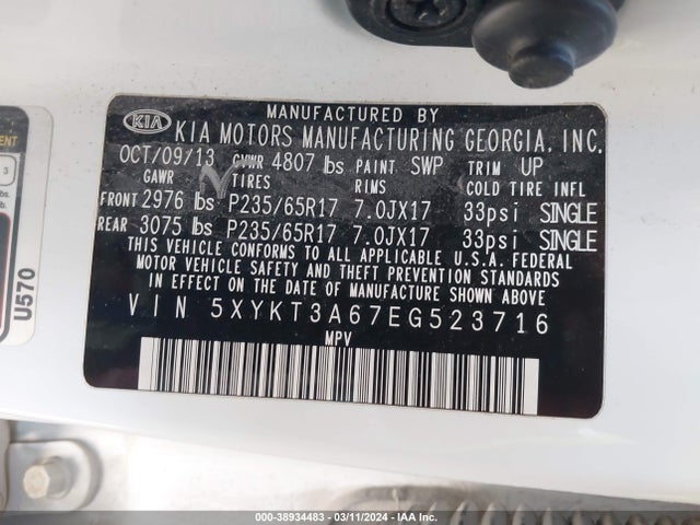 KIA SORENTO LX 2014 5XYKT3A67EG523716 Image 9