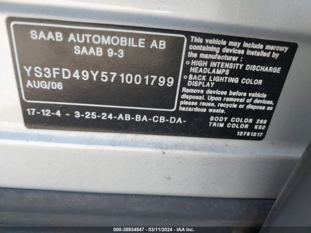 2007 SAAB 9-3 YS3FD49Y571001799 Photo 8