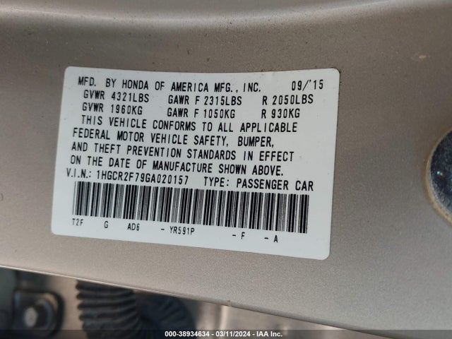 Honda ACCORD EX 2016 1HGCR2F79GA020157 Image 9