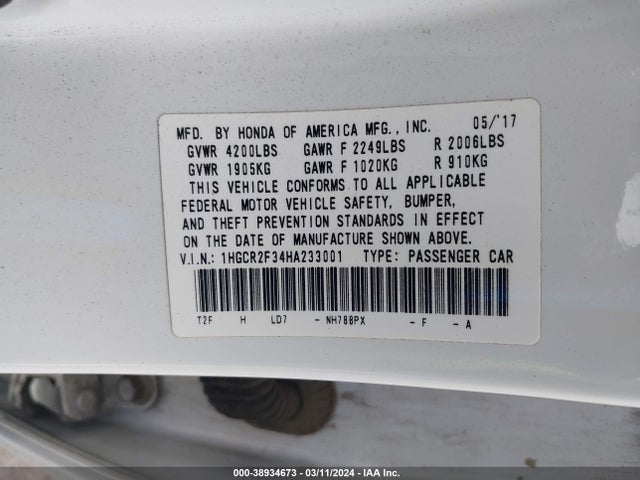 Honda ACCORD LX 2017 1HGCR2F34HA233001 Image 9