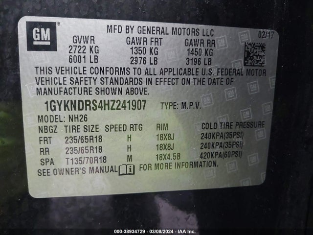 1GYKNDRS4HZ241907 Cadillac XT5 LUXURY