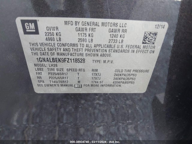 Chevrolet EQUINOX 1LT 2015 1GNALBEK9FZ118528 Image 9