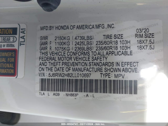 Honda Cr-v Awd Ex-l 2020 5J6RW2H82LL010697 Image 9