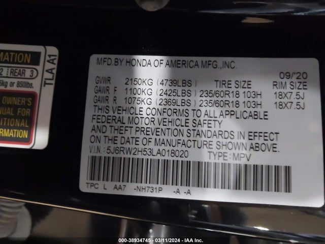Honda Cr-v Awd Ex 2020 5J6RW2H53LA018020 Image 9