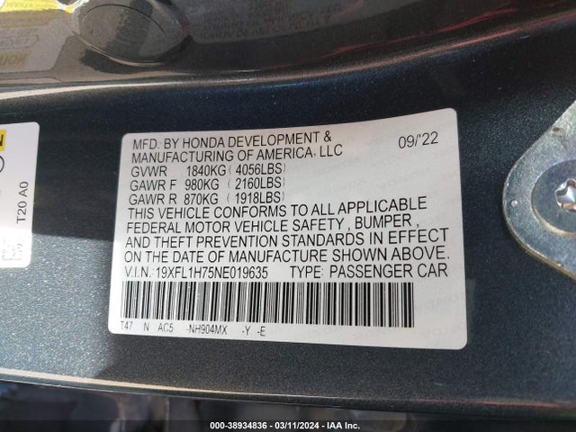 Honda Civic Ex-l 2022 19XFL1H75NE019635 Image 9