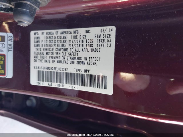 Honda CR-V LX 2014 5J6RM3H36EL032382 Image 9