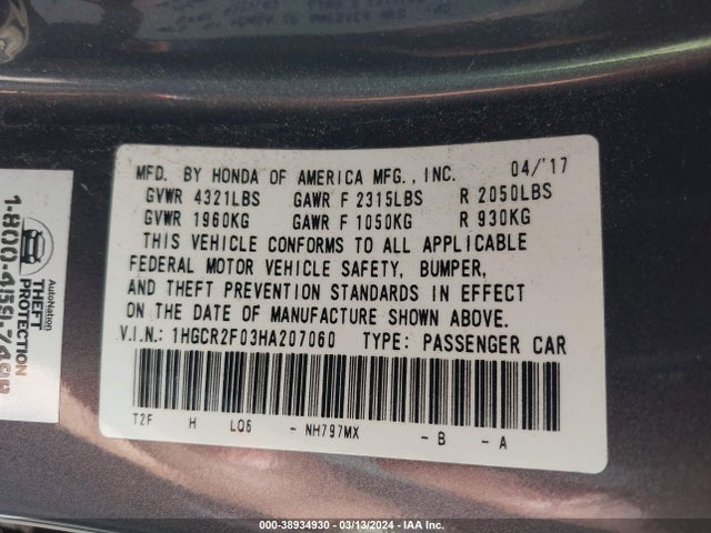 Honda ACCORD EX 2017 1HGCR2F03HA207060 Image 9