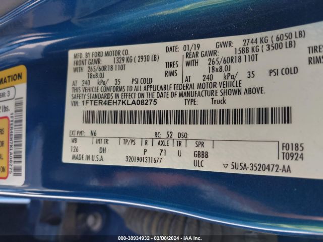1FTER4EH7KLA08275 Ford Ranger Lariat