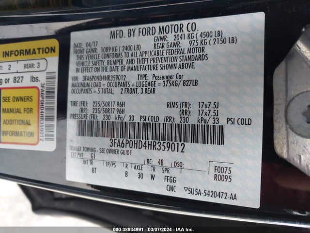 Ford FUSION SE 2017 3FA6P0HD4HR359012 Image 9