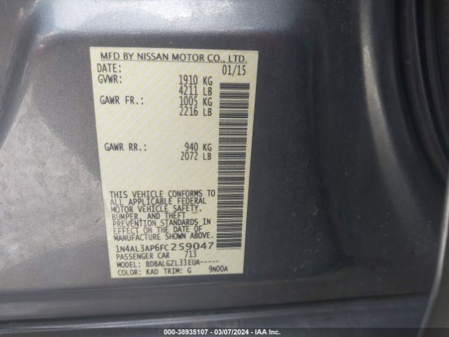 1N4AL3AP6FC259047 Nissan Altima 2.5/2.5 S/2.5 Sl/2.5 Sv