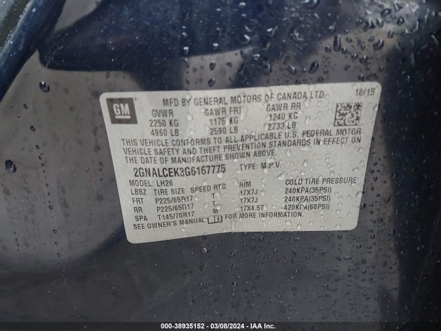 Chevrolet EQUINOX LT 2016 2GNALCEK3G6167775 Image 9