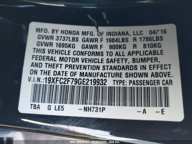 Honda CIVIC EX 2016 19XFC2F79GE219932 Image 9