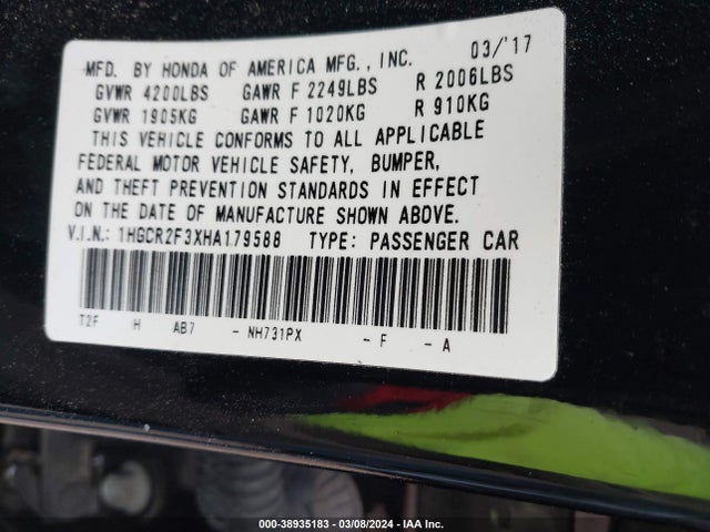 Honda ACCORD LX 2017 1HGCR2F3XHA179588 Image 9