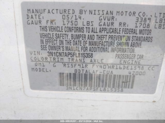 3N1CN7AP5FL815358 Nissan Versa 1.6 S