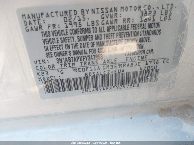 Nissan SENTRA S 2015 3N1AB7APXFY247868 Image 9