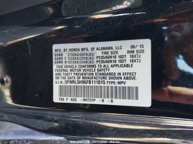 5FNRL5H96FB111015 Honda Odyssey Touring/touring Elite