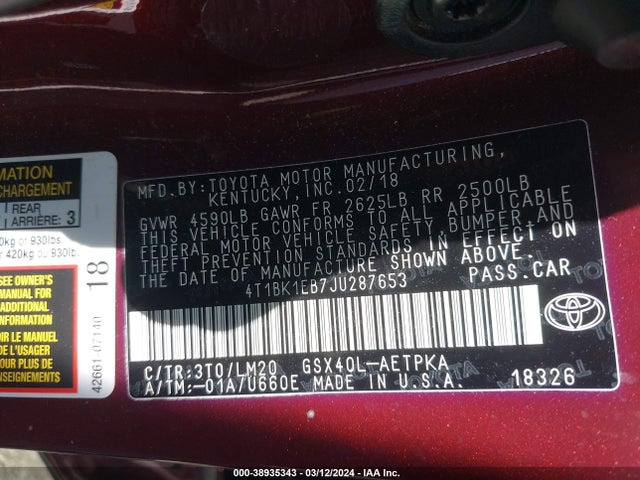 Toyota AVALON LIMITED 2018 4T1BK1EB7JU287653 Image 9