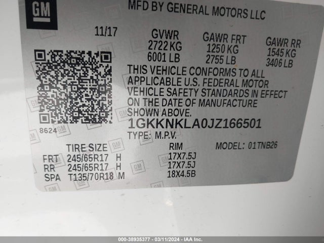 1GKKNKLA0JZ166501 GMC Acadia Sle-1