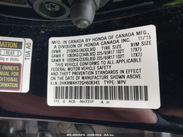 Honda Cr-v Ex-l 2016 2HKRM4H72GH608345 Image 9