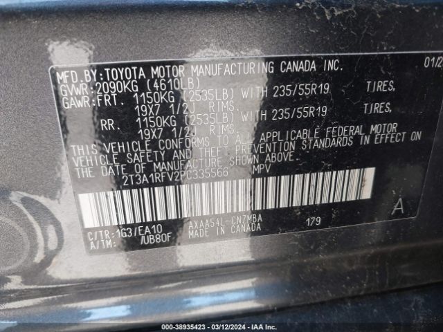 2T3A1RFV2PC335566 Toyota Rav4 Xle Premium