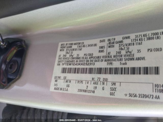 1FTEW1E43KKE52313 Ford F-150 Xlt