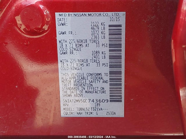 Nissan Rogue Sl 2016 5N1AT2MV5GC743609 Image 9