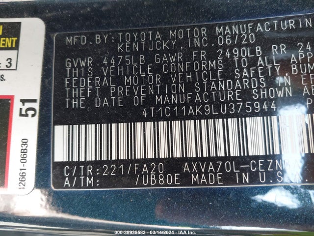 Toyota CAMRY LE 2020 4T1C11AK9LU375944 Image 9