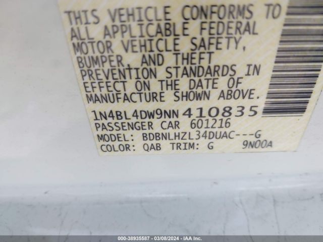 1N4BL4DW9NN410835 Nissan Altima Sv Intelligent Awd
