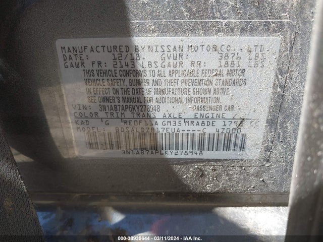 Nissan SENTRA SV 2019 3N1AB7AP6KY278948 Image 9
