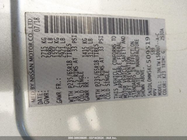 5N1DL0MM5KC509519 Infiniti QX60 LUXE