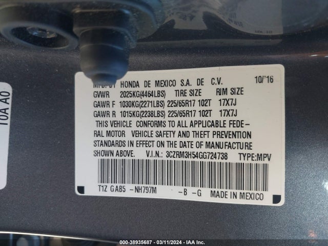 Honda CR-V EX 2016 3CZRM3H54GG724738 Image 9