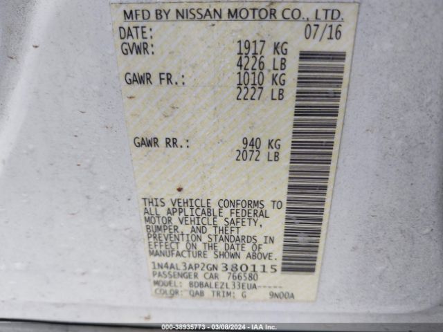 1N4AL3AP2GN380115 Nissan Altima 2.5 S
