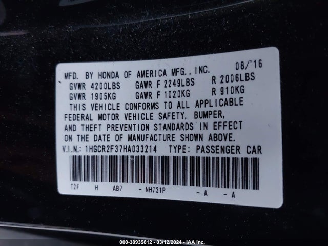 Honda ACCORD LX 2017 1HGCR2F37HA033214 Image 9