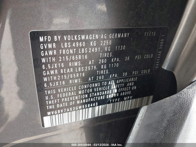 WVGBV7AX3GW558443 Volkswagen TIGUAN S