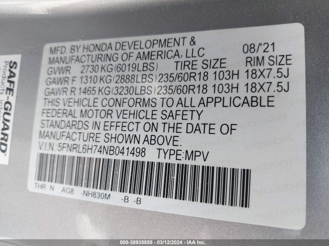 Honda Odyssey Ex-l 2022 5FNRL6H74NB041498 Image 9