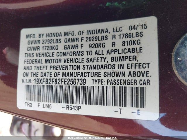 Honda CIVIC EX 2015 19XFB2F82FE250739 Image 9