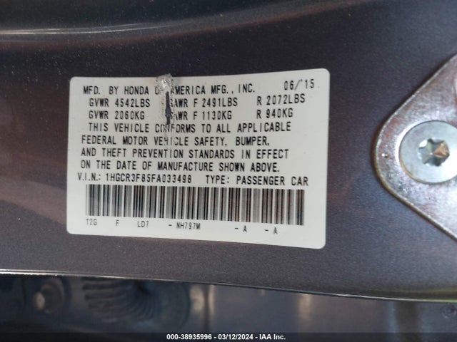 Honda Accord Ex-l V-6 2015 1HGCR3F85FA033498 Image 9