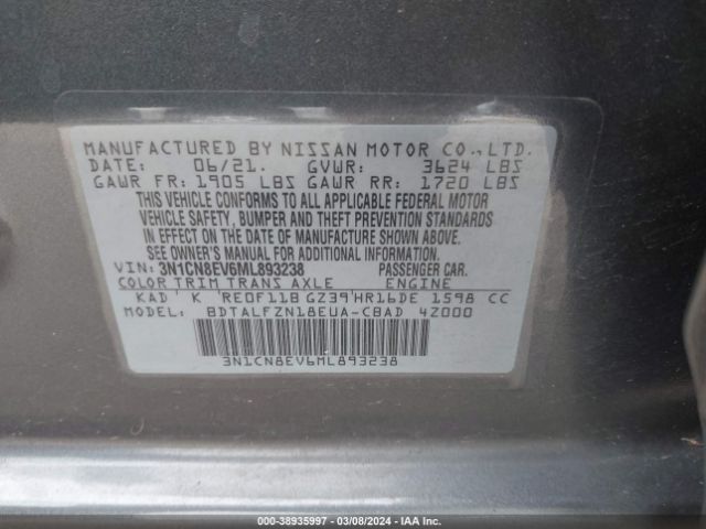 3N1CN8EV6ML893238 Nissan Versa Sv Xtronic Cvt