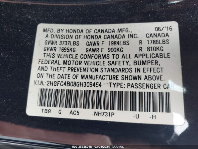 2HGFC4B08GH309454 Honda Civic Lx-p