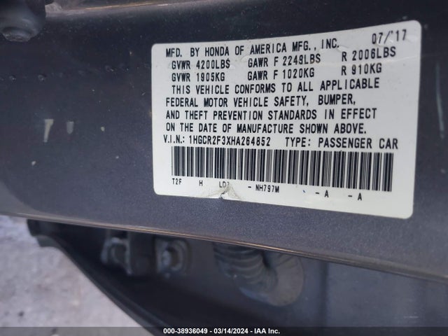Honda ACCORD LX 2017 1HGCR2F3XHA264852 Image 9