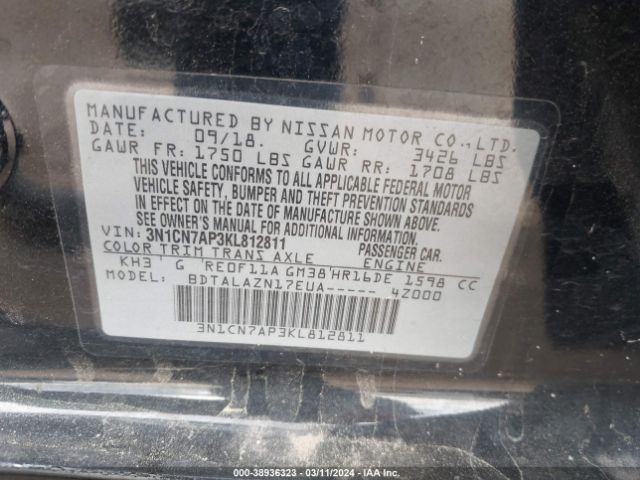 3N1CN7AP3KL812811 Nissan Versa 1.6 S+