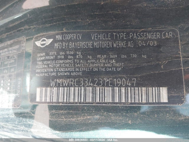 2003 MINI COOPER WMWRC33423TE19047 Photo 8