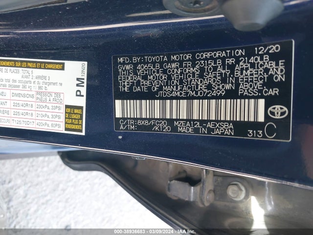 Toyota COROLLA SE 2021 JTDS4MCE7MJ072499 Image 9