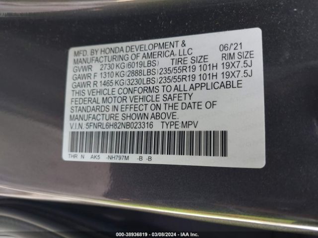 5FNRL6H82NB023316 Honda Odyssey Touring