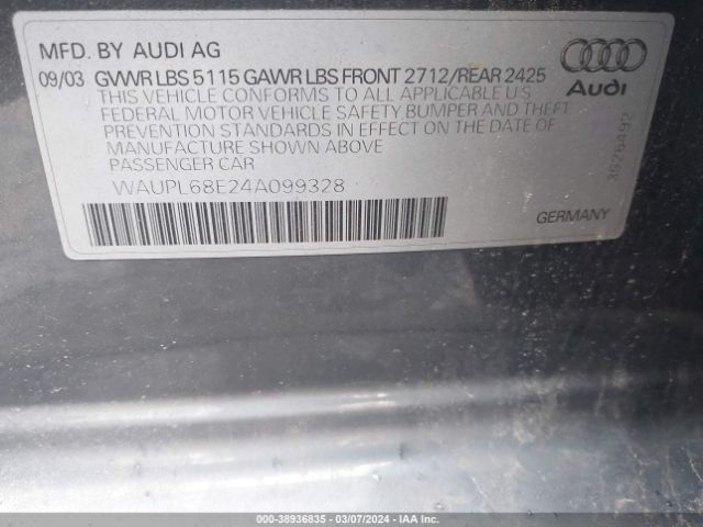 2004 AUDI S4 WAUPL68E24A099328 Photo 8