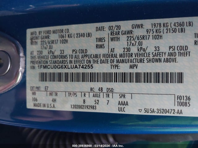 Ford ESCAPE SE 2020 1FMCU0G6XLUA74255 Image 9