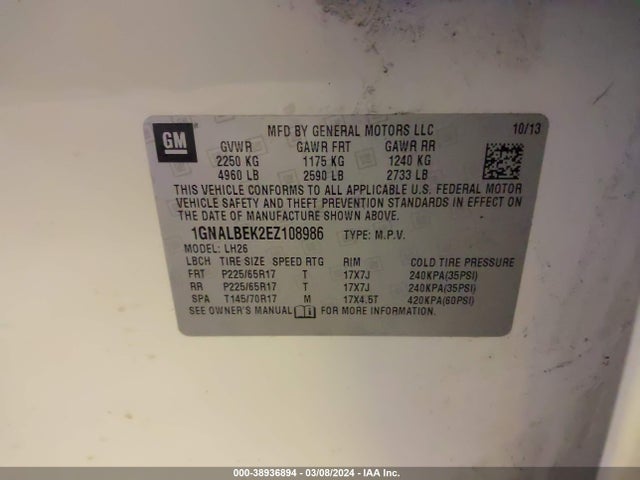 Chevrolet EQUINOX 1LT 2014 1GNALBEK2EZ108986 Image 9