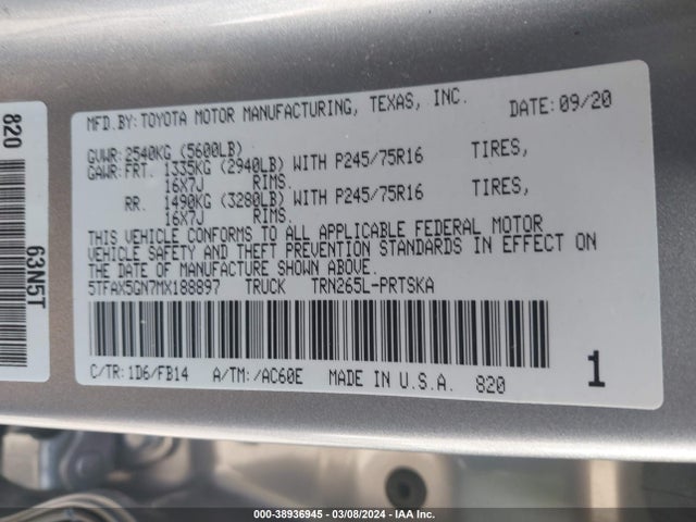 Toyota Tacoma Sr 2021 5TFAX5GN7MX188897 Image 9